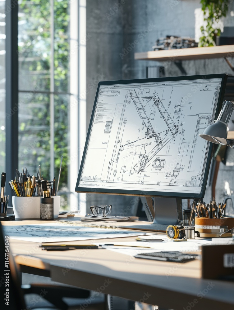 Poster modern engineering desk featuring a blueprint on display with tools and supplies in a bright workspa