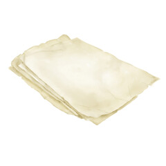 Stack of old parchment paper sheets with torn and wrinkled edges. Watercolor digital illustration. Manuscript sheet yellowed with age isolated on white background. Manuscript