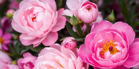 Pink peony flowers in full bloom creating a beautiful and vibrant background, botanical, beautiful, nature