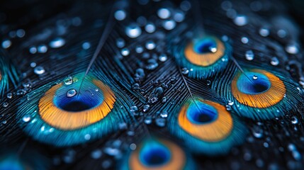Close-up of vibrant peacock feather with colorful eye pattern and water droplets highlighting intricate details and stunning textures