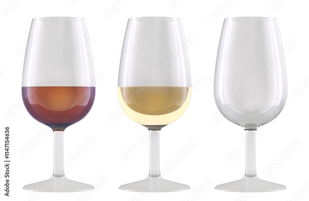 Poster empty wine glass and glasses with red and transparent wine. 3d rendering isolated on transparent bac