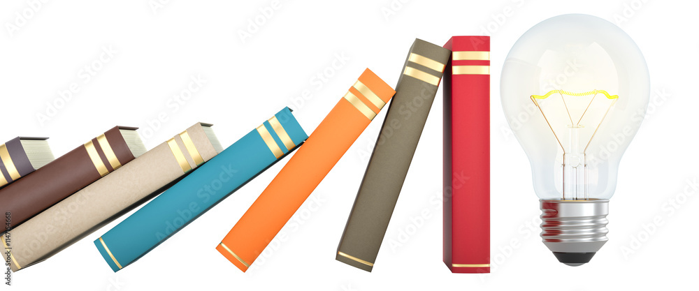 Poster domino effect from books and light bulb. learning efficiency, concept. 3d rendering isolated on tran