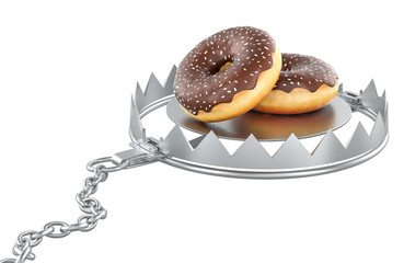 Chocolate donuts in bear trap. Sugar Addiction concept, 3D rendering isolated on transparent background