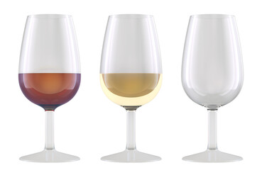 Empty wine glass and glasses with red and transparent wine. 3D rendering isolated on transparent background