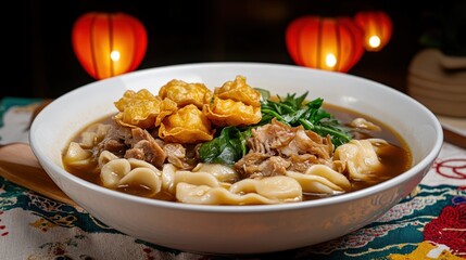 Delicious Asian Noodle Soup with Dumplings and Fried Tofu in a White Bowl with Chopsticks and Lanterns; Perfect Chinese Cuisine in Cozy Ambiance