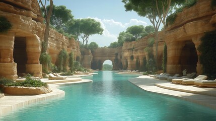 Luxurious resort swimming pool surrounded by natural rock formations and lush greenery under a clear sky for relaxation and escape