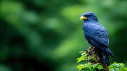 Naklejka premium A blue whistling thrush bird with a yellow beak perches on a mossy branch against a green background.