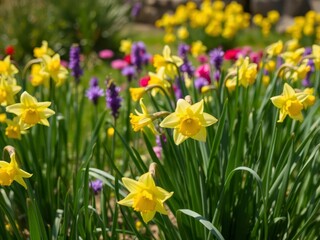 Obraz premium Vibrant yellow daffodil flowers blooming in a picturesque field under the sun, environment, sunny