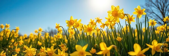 Fototapeta premium Vibrant yellow daffodil flowers blooming in a vast field under the clear blue sky, sunny, landscape, vibrant