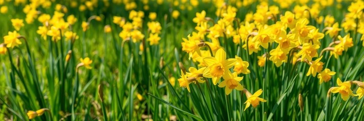 Fototapeta premium Vibrant yellow daffodil flowers swaying in a lush green field under the bright sun, sunlight, fresh, floral