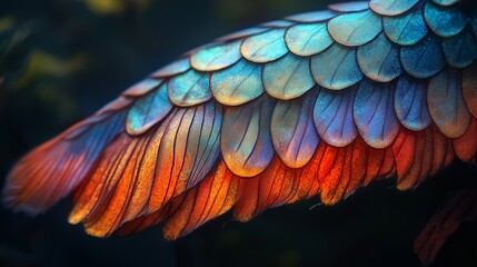 Fototapeta premium Close-up of vibrant, multicolored fish scales with iridescent blues and oranges creating a mesmerizing, textured pattern against a dark background