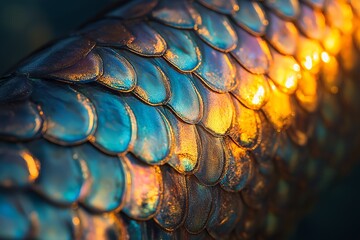 Close-up of vibrant, iridescent fish scales illuminated by warm golden and blue-green light, showcasing natural beauty and texture in detail