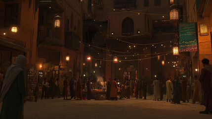 A bustling market scene at night, filled with people, lights, and vibrant stalls.