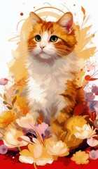 digital painting of cat sitting on a red surface with flowers