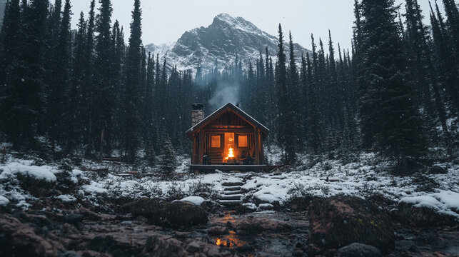 A cozy cabin in a snowy landscape with mountains and tall trees.