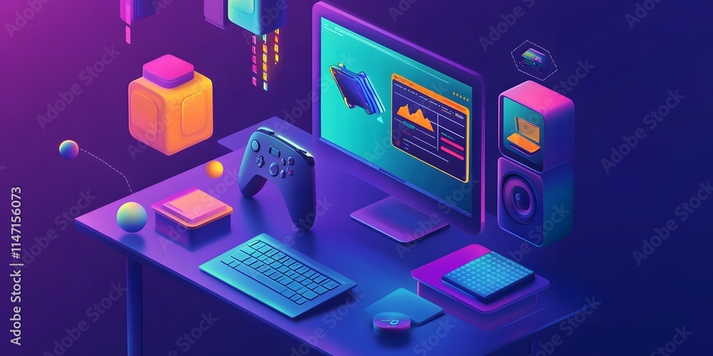 Poster neon lit gaming setup with isometric design elements