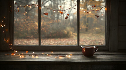 A cozy scene featuring a cup of tea by a window adorned with fairy lights and autumn leaves.