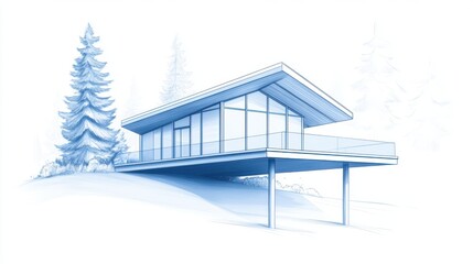 Modern Cliffside House with Glass Facade Amidst Pine Forest Sketch