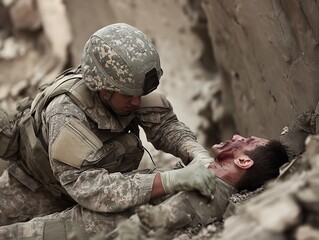 Soldier providing first aid to wounded comrade in military combat zone during wartime conflict, showcasing bravery and teamwork under stress