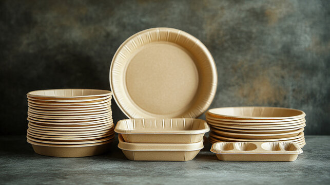 Eco friendly disposable paper plates and biodegradable dishware, utensil for serving meals at picnics or takeout, organic cardboard tableware.