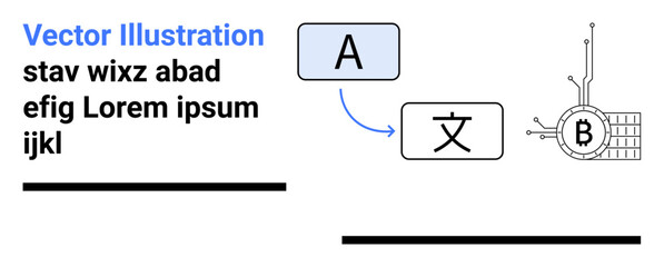 English A to Chinese symbol transition arrow leading to cryptocurrency B on circuit-themed blockchain. Ideal for language translation, cryptocurrency, technology, education, digital marketing