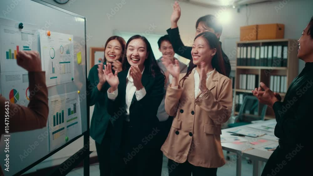 Poster Office workers celebrate positive results achieved during a presentation, clapping hands and expressing joy and satisfaction in front of a whiteboard with charts and graphs