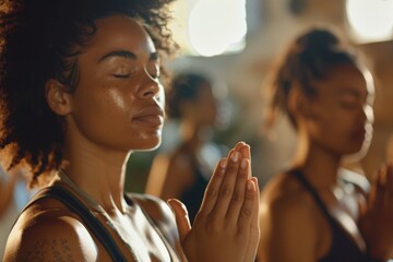 Woman practice yoga with friends in gym