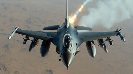 A fighter jet launching a missile during a military operation over a desert landscape.