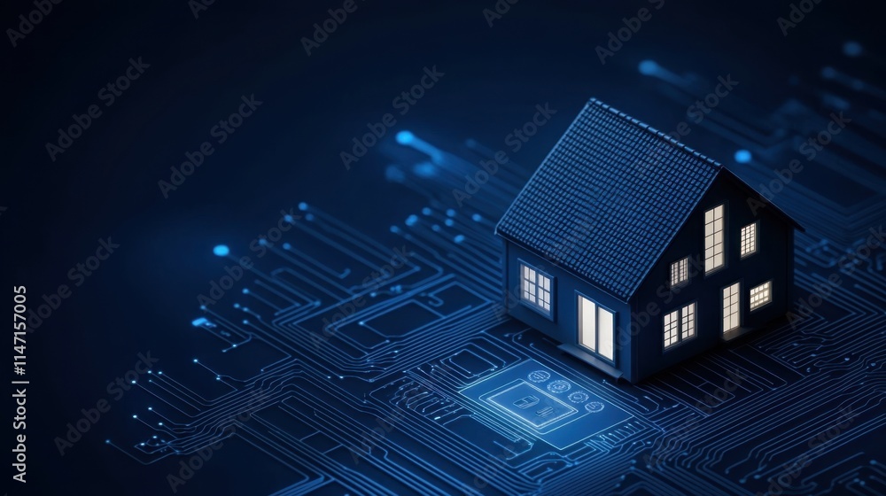 Poster concept of smart home technology with house model on digital circuit background with blue glow effec