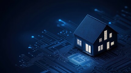 Naklejka premium Concept of Smart Home Technology with House Model on Digital Circuit Background with Blue Glow Effects