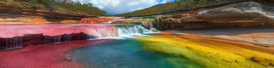 Vibrant Colors of Cano Cristales River in Colombia: Experience Striking Red, Yellow, Green, Blue Algae Waters in Breathtaking South American Natural Landscape