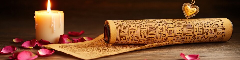 Candlelight and Romantic Scroll Amidst Rose Petals and Heart-Shaped Charm Creating a Cozy, Intimate Atmosphere for Romantic Evenings and Special Occasions