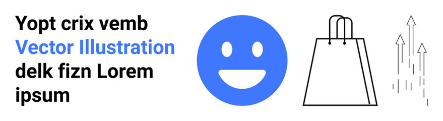 Text with a blue happy face emoticon, shopping bag outline, and upward arrows. Ideal for business success, growth, positive experience, customer satisfaction, shopping, marketing strategies