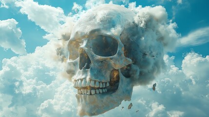 Surreal image of a giant human skull emerging from clouds in a blue sky, illustrating imagination, mystery, and surrealism concepts