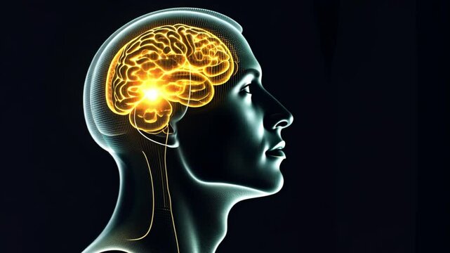 Digital visualization of the human brain highlighting neural activity in profile view