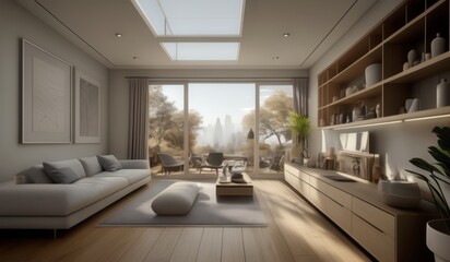 Fototapeta premium living room with a couch, coffee table, and a television