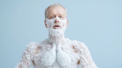 Obraz premium Elderly man covered in white fluffy substance, distressed expression.