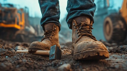 Dirty work boots and hammer on construction site.