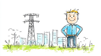 Cheerful Man Standing Near Power Lines with City Skyline in Background, Hand-Drawn Illustration Art