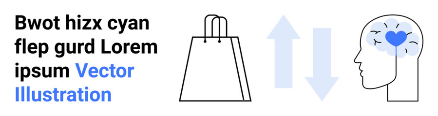 Shopping bag linked with a human head filled with a blue heart, representing the emotional impact of shopping. Ideal for illustrating consumer behavior, emotional well-being, mental health, retail