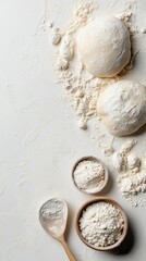 Dough and flour lying on a white table, minimalist photo, space for text, top view