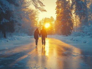 Fototapeta premium Romantic couple walking hand in hand on frozen winter path at sunset surrounded by snow-covered trees and soft golden light