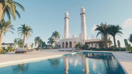 A luxurious resort with a pool and palm trees, featuring grand architecture and serene ambiance.