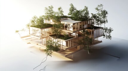Fototapeta premium Eco-friendly residential complex, integrated gardens, wood and glass structure, sustainable design, 3D digital model