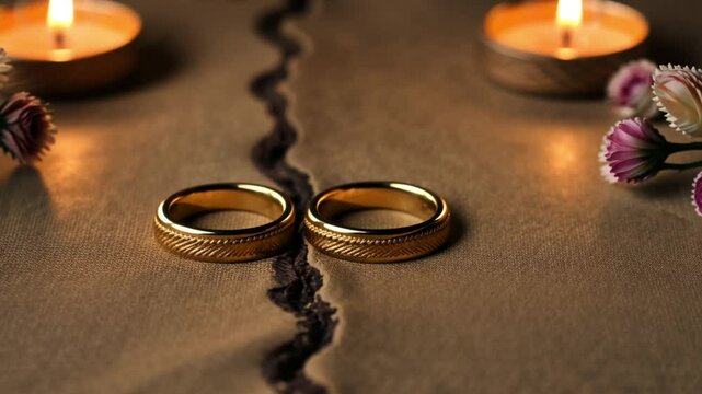 Symbolic representation of divorce with wedding rings and torn fabric, illuminated by candlelight