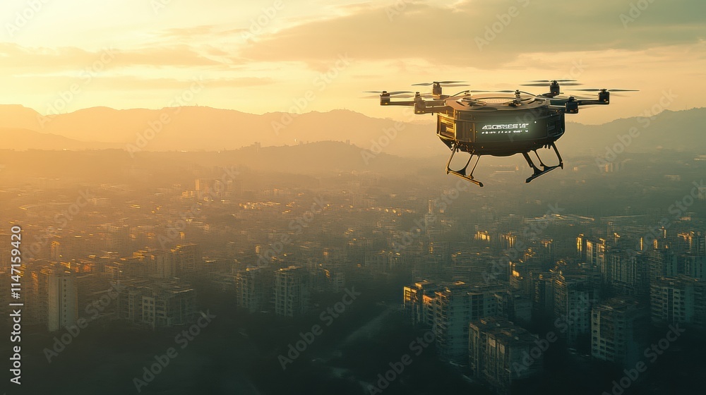 Fototapete Automated AI drones soaring above a cityscape at sunset for delivery and monitoring tasks. Generative AI