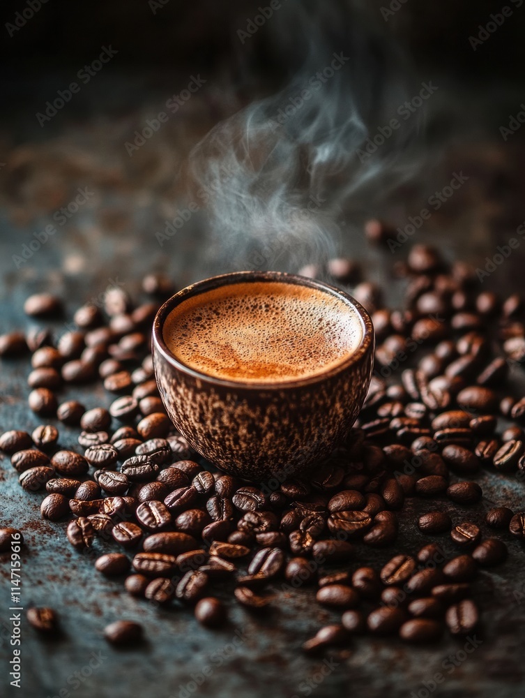 Poster Close up view of a steaming cup of coffee surrounded by aromatic coffee beans on a textured surface. Generative AI