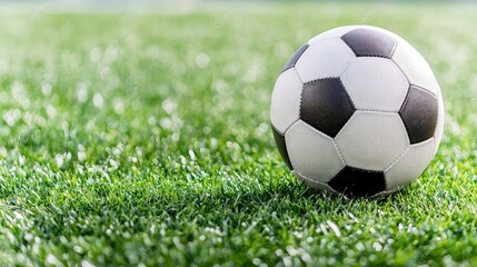 Fototapeta premium Classic black and white soccer ball resting on a lush green grass field with a soft blurred background.