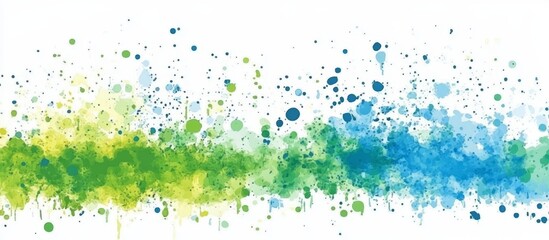Abstract watercolor paint splatter in green, blue and yellow.