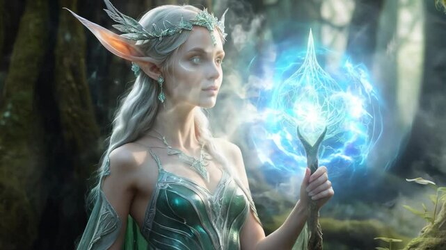 Queen of elf in the middle forest holding glowing magic stick